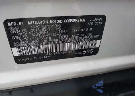 2019 Mitsubishi Eclipse Cross Sel из США, поврежденный, VIN JA4AT5AA4KZ051817